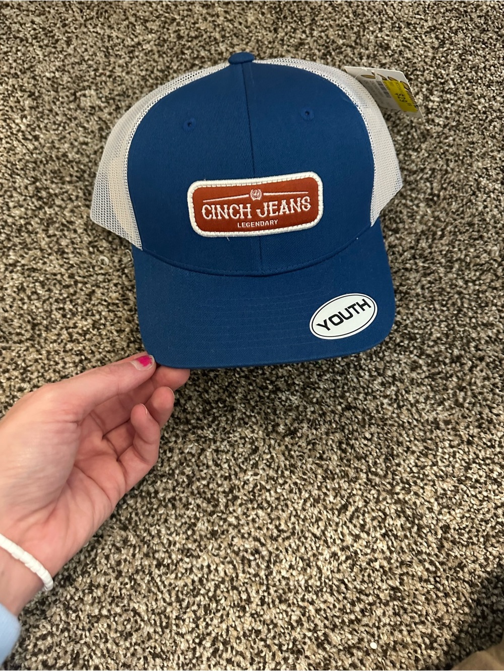 Cinch Youth Blue and White Mesh Trucker Hat with Brown Patch
